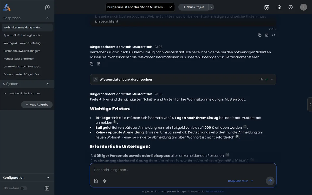 Chatfenster von BasePeak.AI: neben der Antwort steht die Quelle, aus der sie stammt.